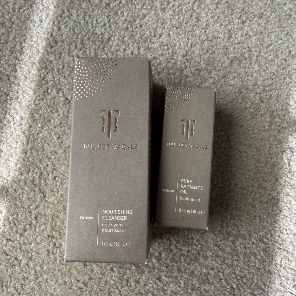 True Botanicals Nourishing Cleanser & Pure Radiance Oil - Taupe Packaging